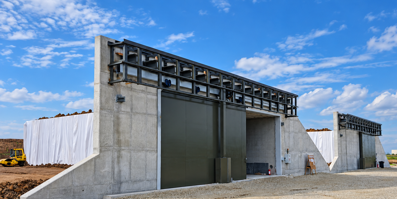 Poartă glisantă de mari dimensiuni integrată într-o structură de beton cu ghidaj superior